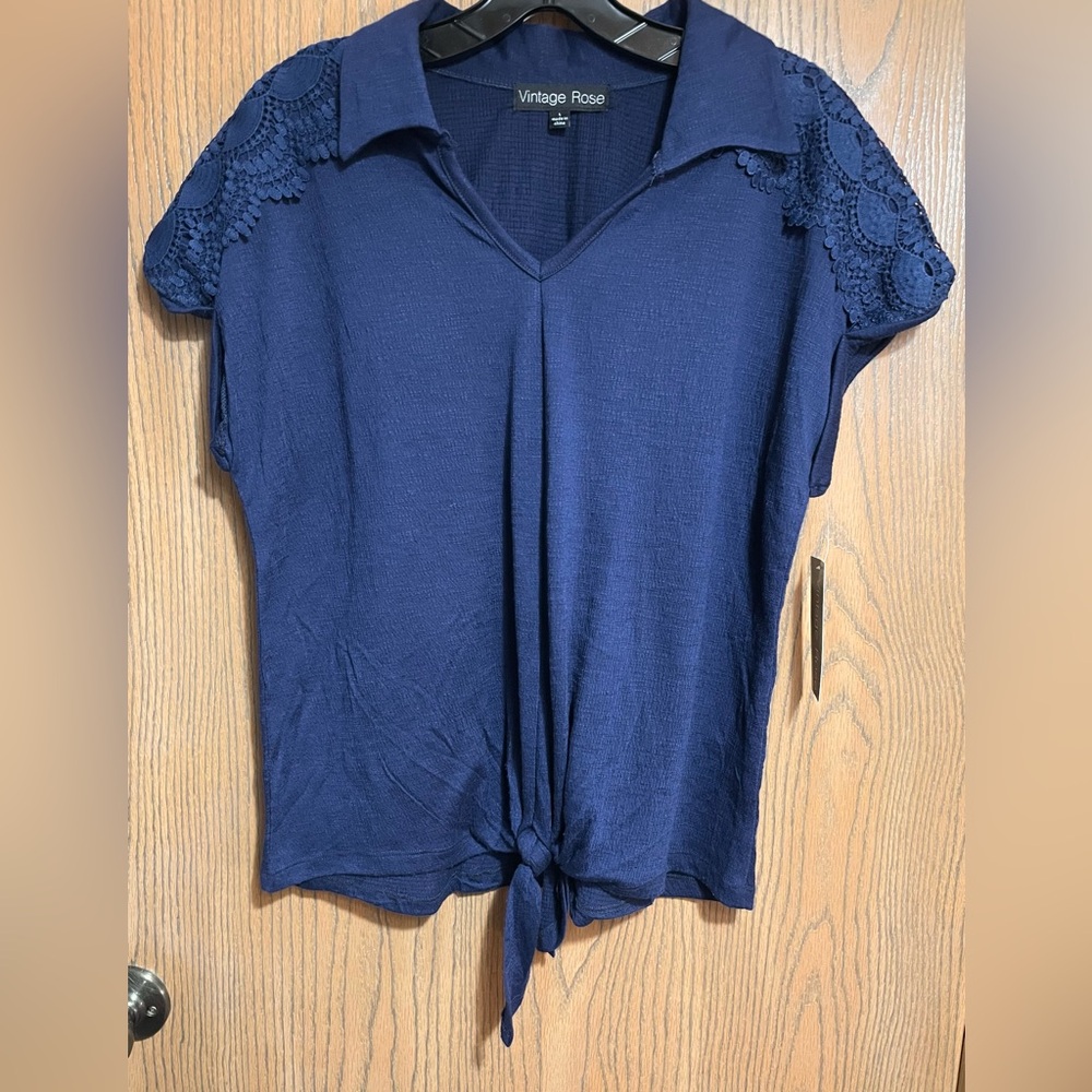 Vintage Rose Blouse in Navy with Tie-Front and Lace Shoulders